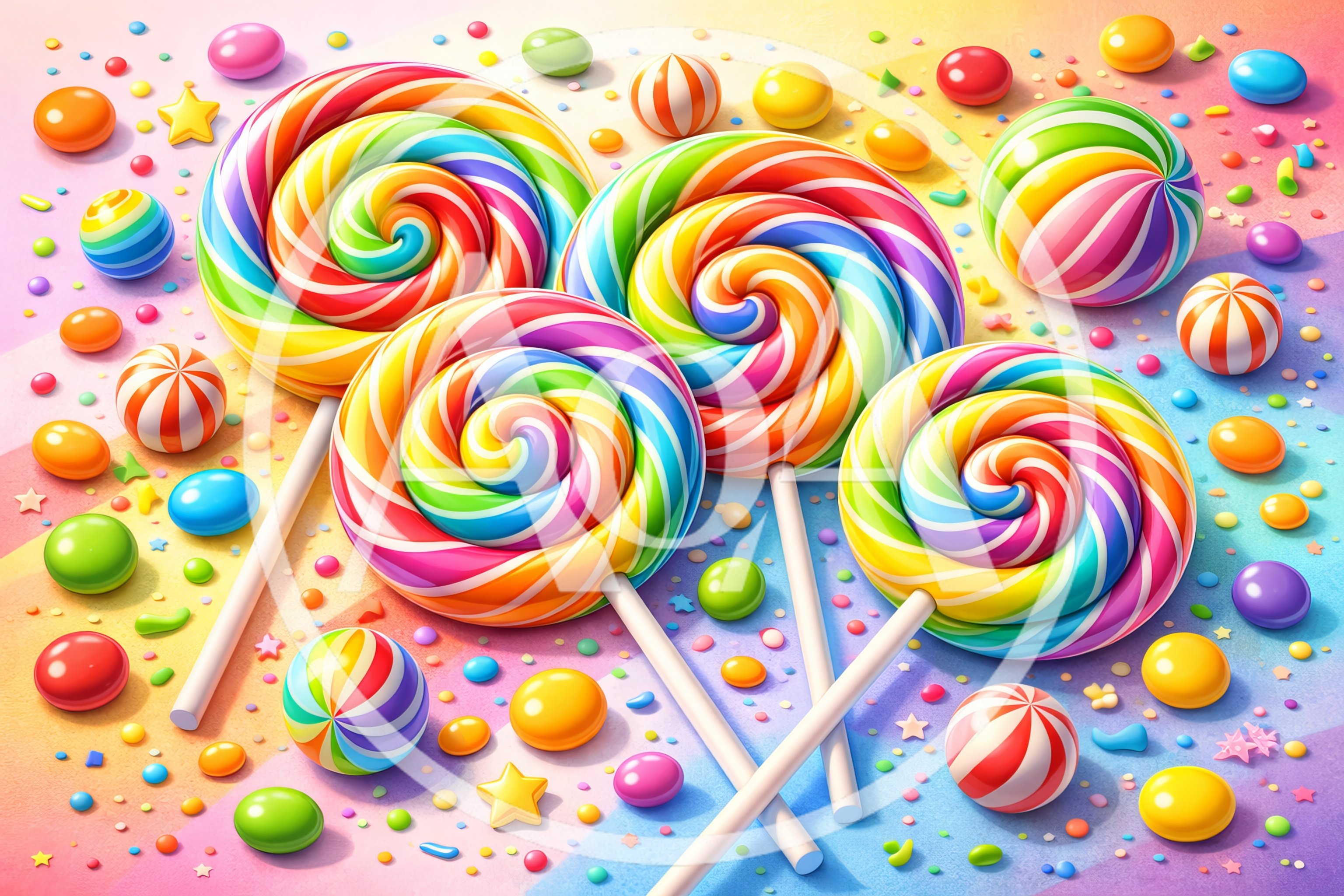 Colorful Rainbow Swirl Lollipops and Assorted Candies