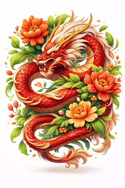 Red Chinese Dragon Coiled Among Vibrant Peony Flowers