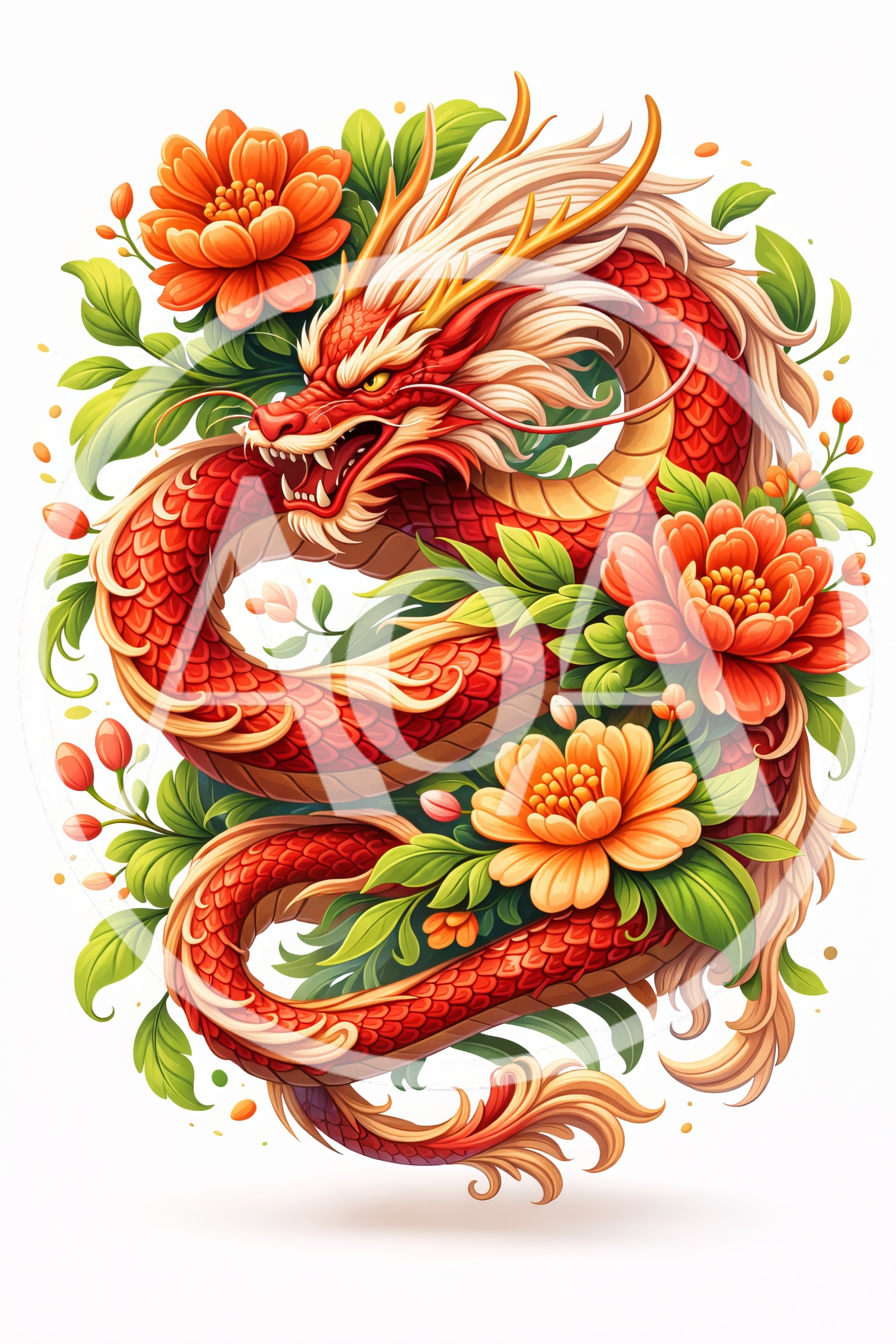 Red Chinese Dragon Coiled Among Vibrant Peony Flowers