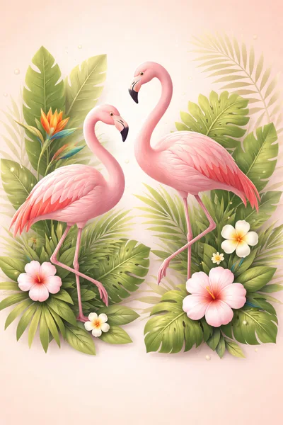 Two Pink Flamingos Surrounded By Tropical Foliage