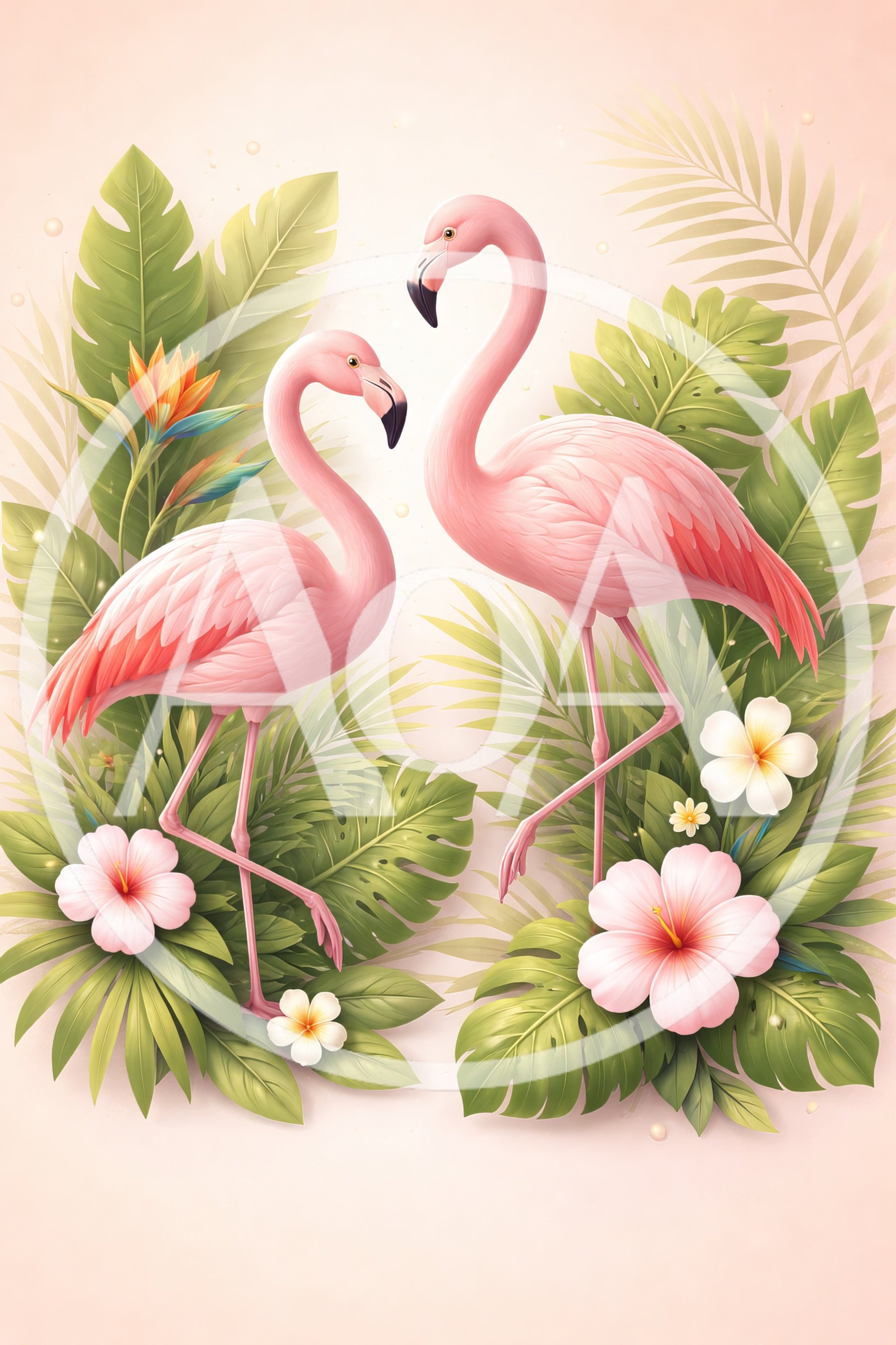 Two Pink Flamingos Surrounded By Tropical Foliage