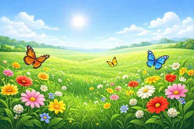 Vibrant Meadow With Butterflies And Wildflowers