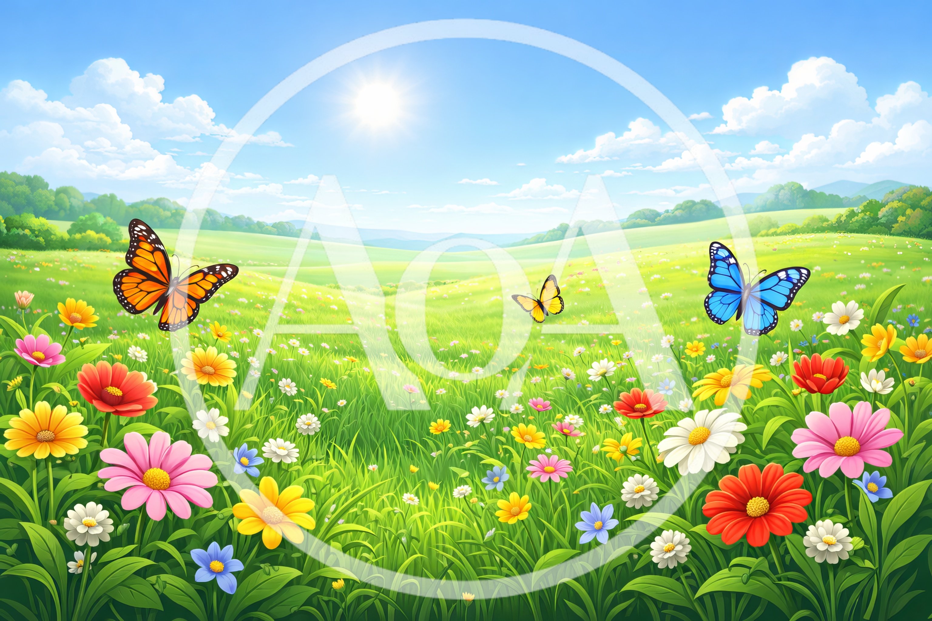 Vibrant Meadow With Butterflies And Wildflowers
