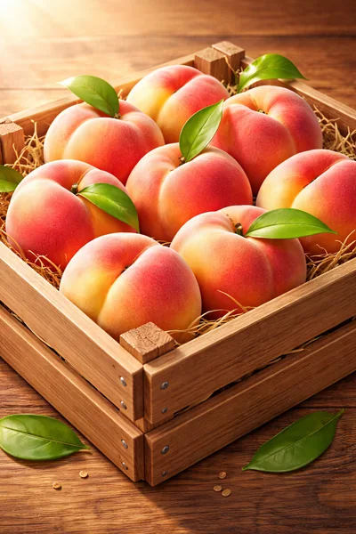 Fresh Ripe Peaches In A Wooden Crate