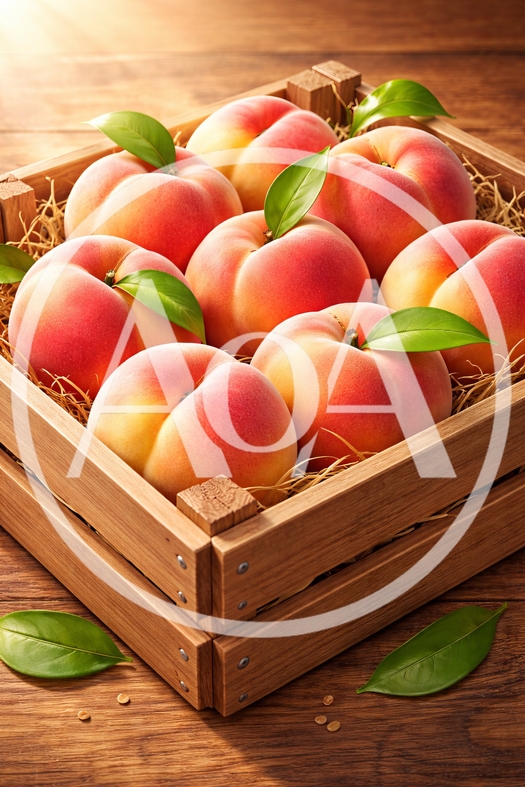 Fresh Ripe Peaches In A Wooden Crate