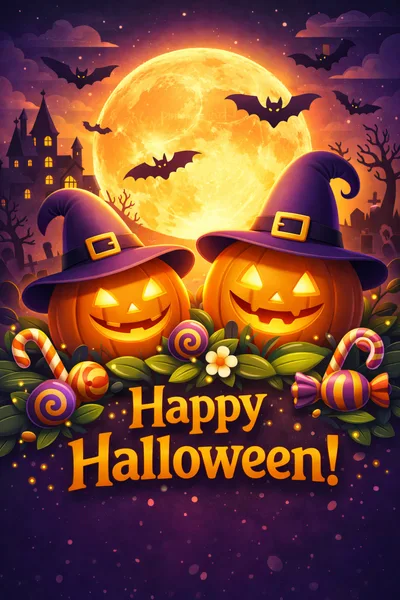 Two Smiling Jack O Lanterns With Witch Hats