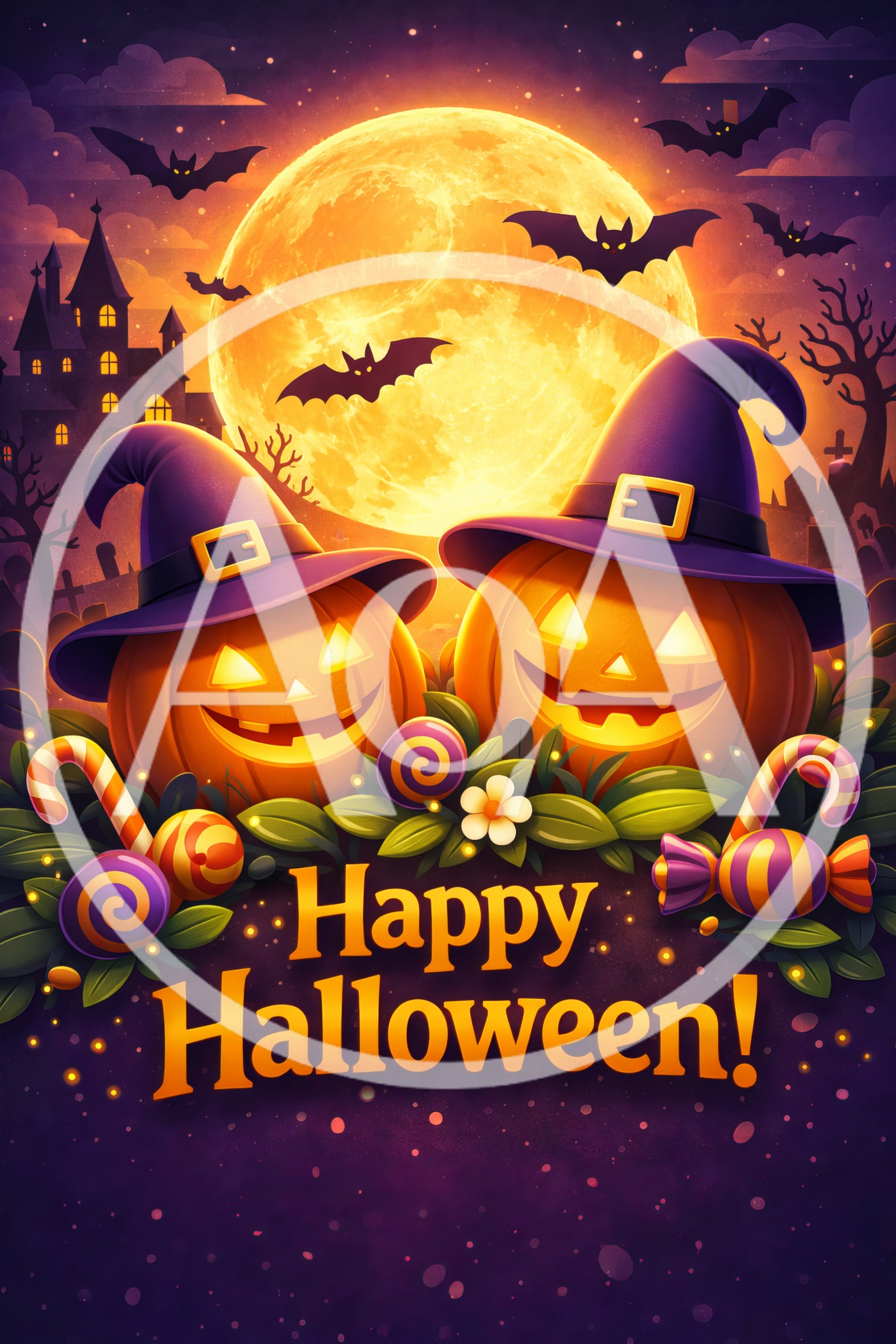Two Smiling Jack O Lanterns With Witch Hats
