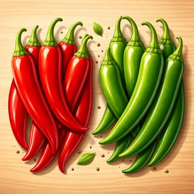 Fresh Red and Green Chili Peppers on Wooden Surface