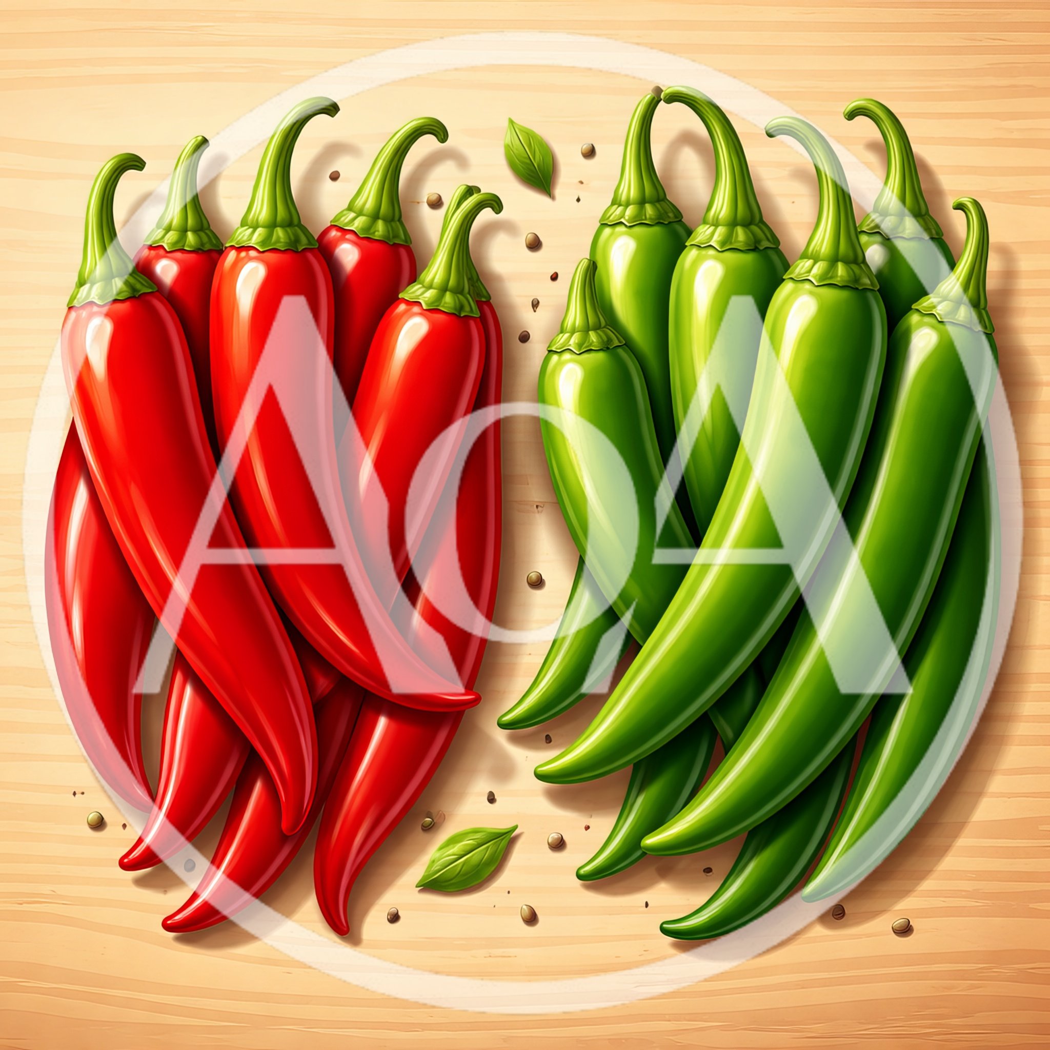 Fresh Red and Green Chili Peppers on Wooden Surface