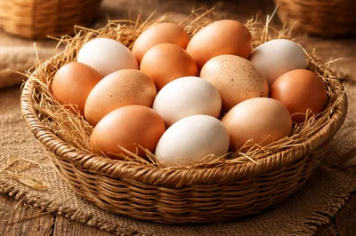 Fresh Chicken Eggs In A Woven Basket