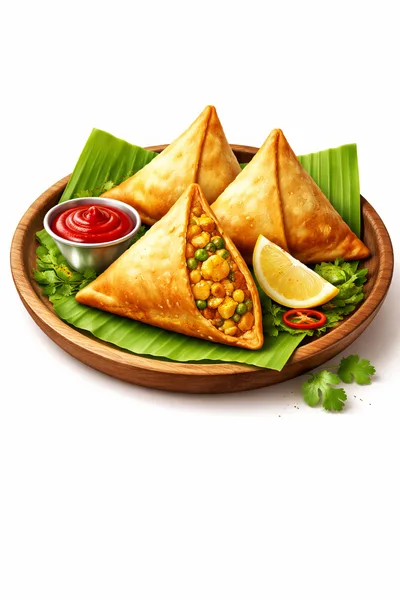 Three Crispy Vegetable Samosas Served On A Wooden Plate