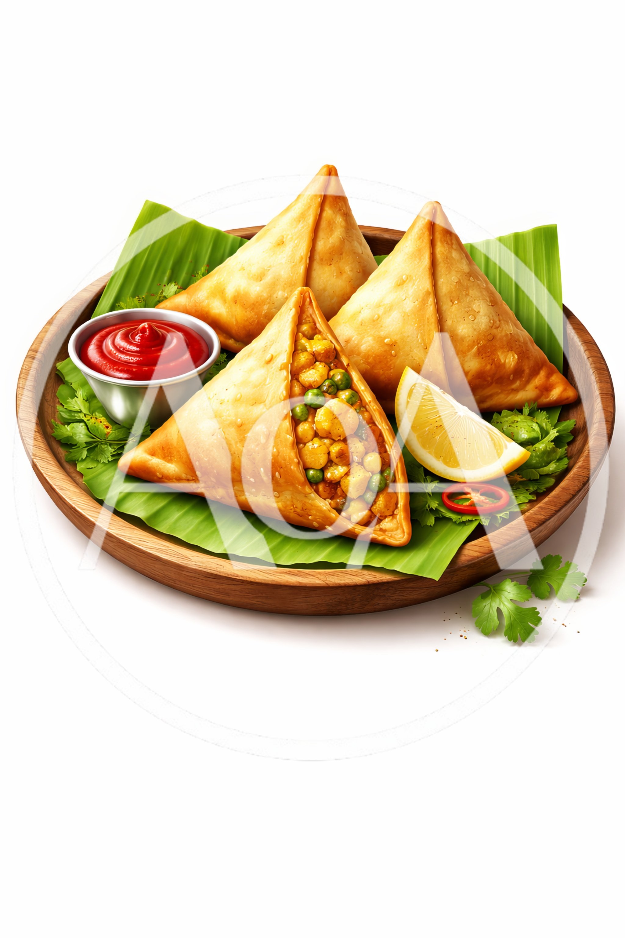 Three Crispy Vegetable Samosas Served On A Wooden Plate