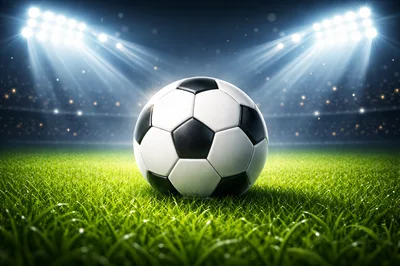 Soccer Ball Resting On Stadium Grass Under Bright Floodlights