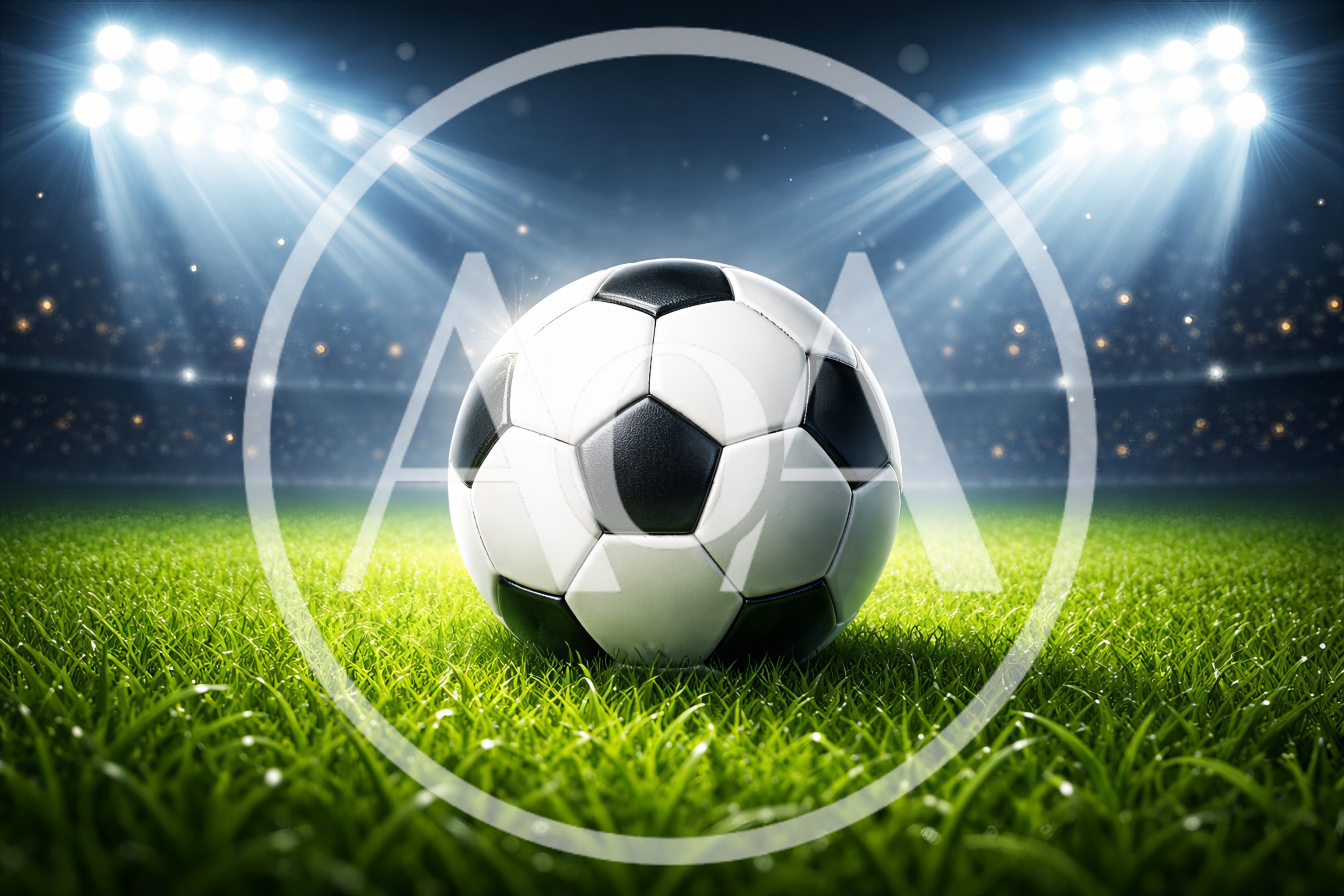 Soccer Ball Resting On Stadium Grass Under Bright Floodlights