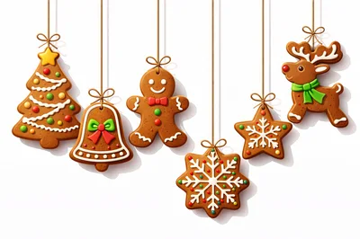 Hanging Gingerbread Christmas Cookies On White Background