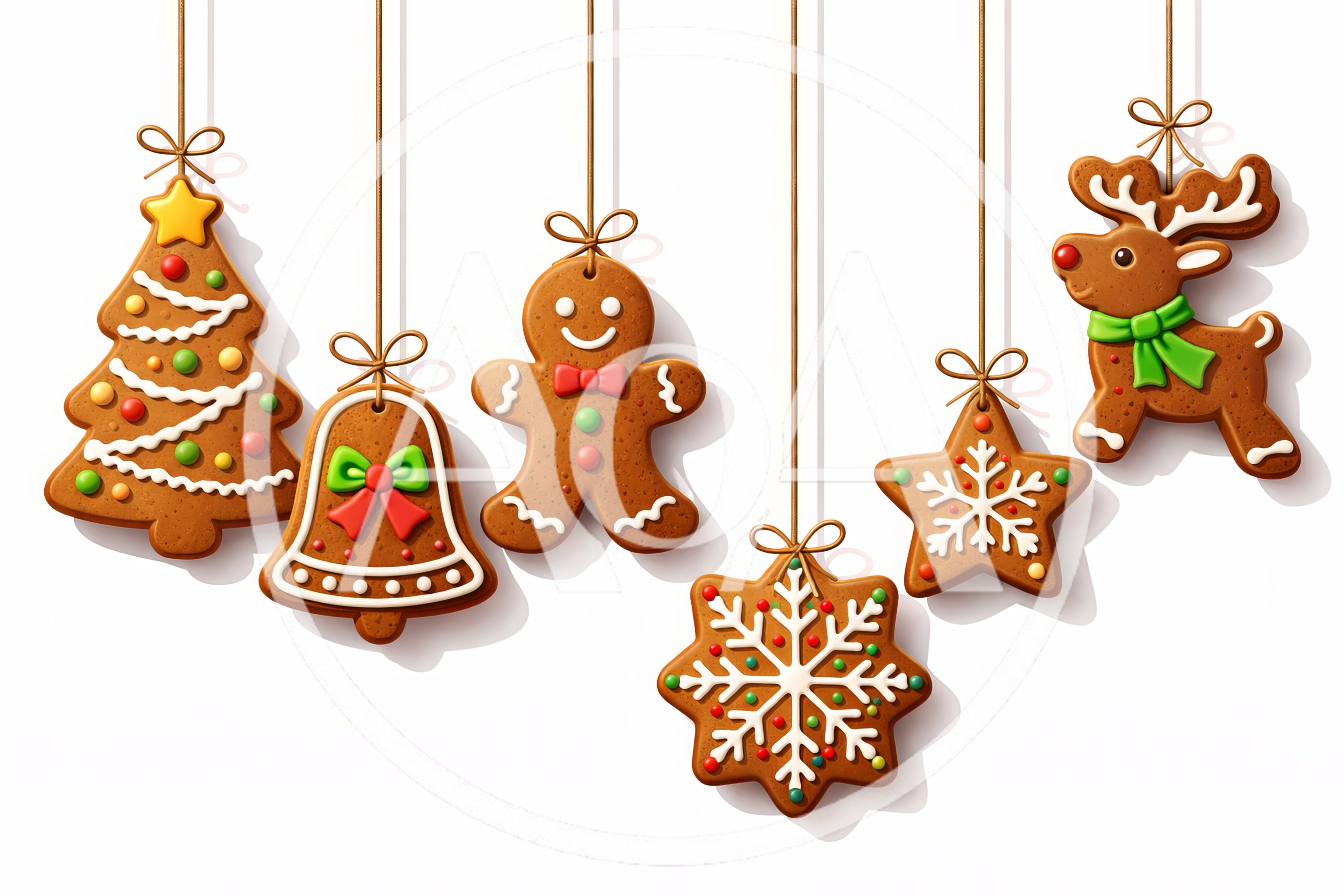 Hanging Gingerbread Christmas Cookies On White Background