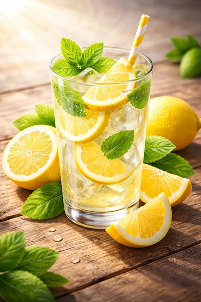 Refreshing Lemonade With Mint And Ice In Glass