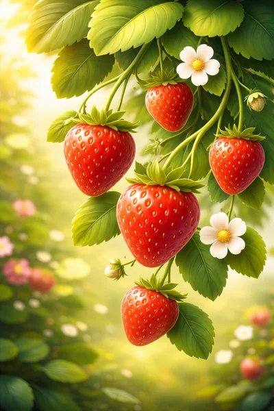 Fresh Ripe Strawberries Growing On A Lush Green Plant
