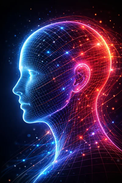 Digital Wireframe Human Head With Glowing Neural Network