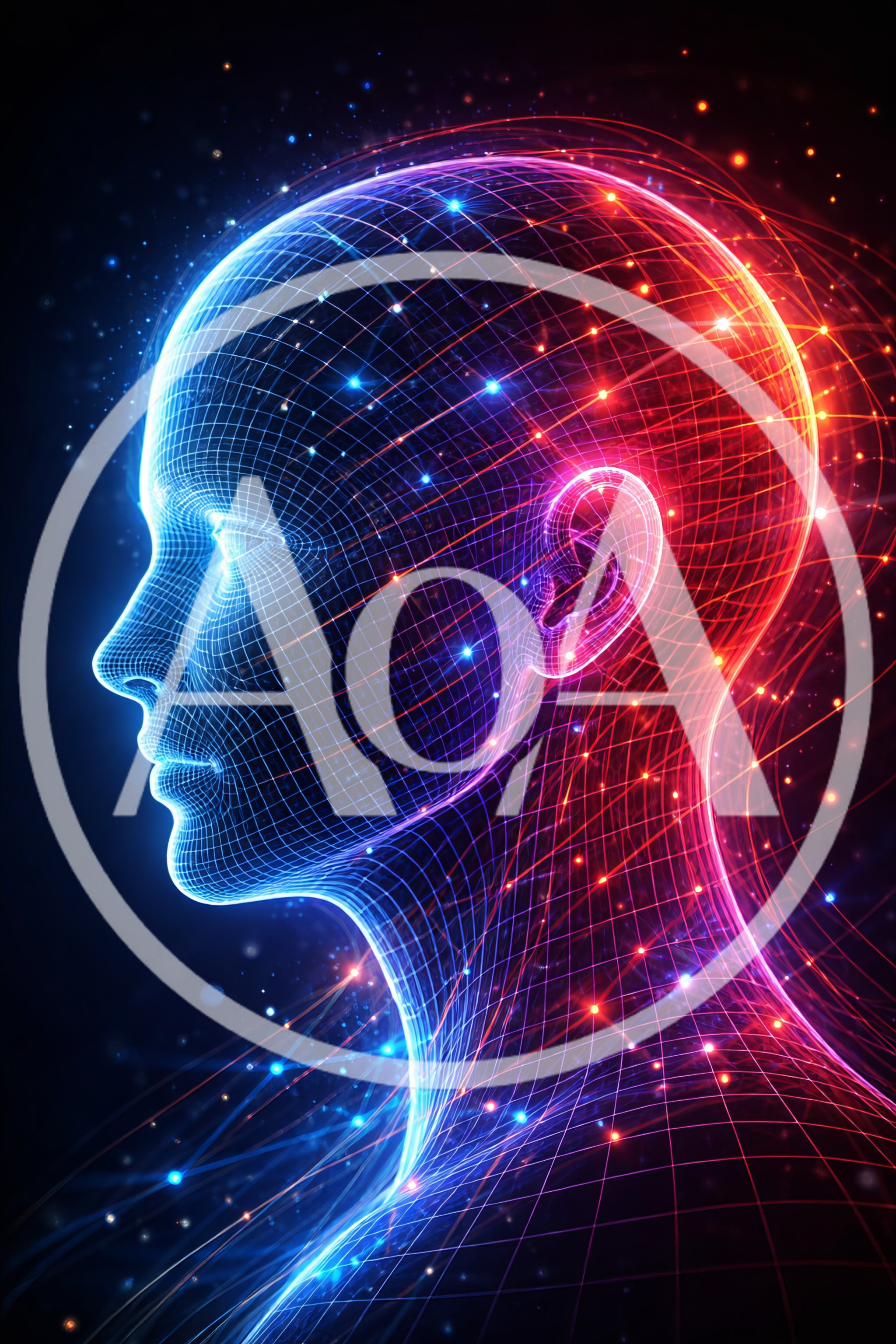 Digital Wireframe Human Head With Glowing Neural Network
