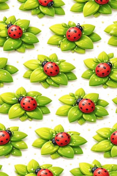 Seamless Pattern of Ladybugs on Green Leaves