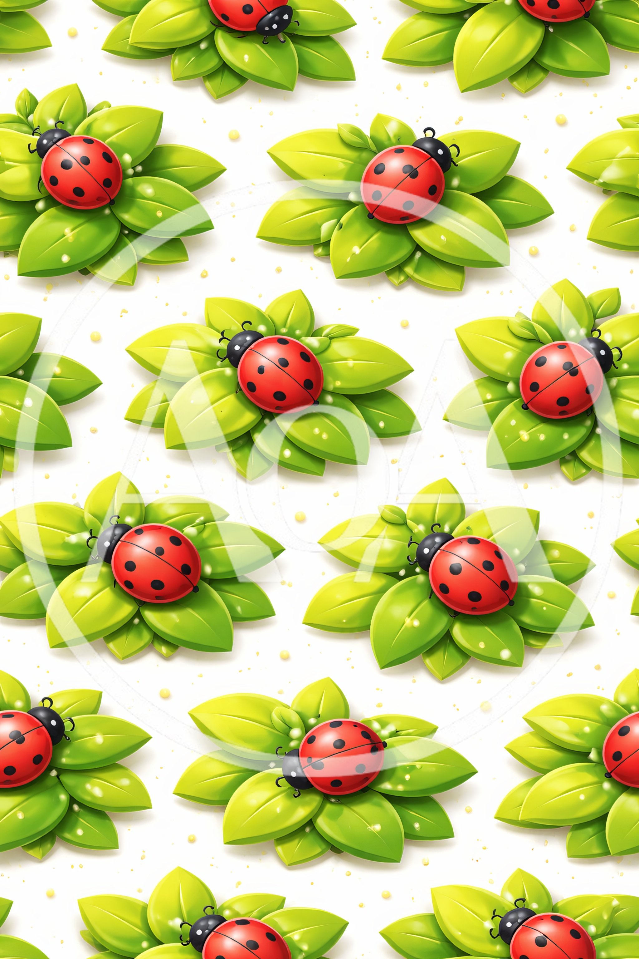Seamless Pattern of Ladybugs on Green Leaves