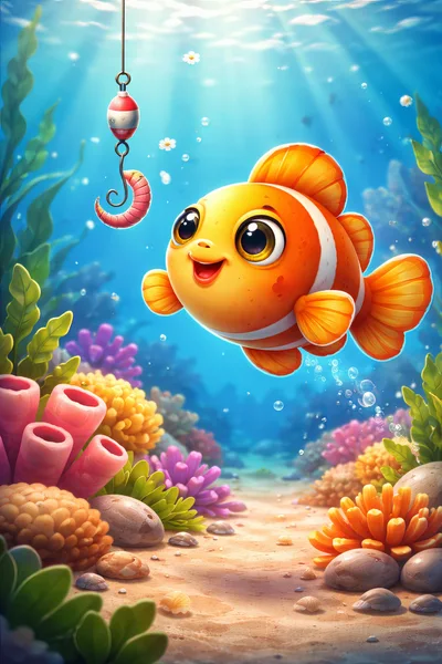 Cute Cartoon Clownfish Looking At A Fishing Hook