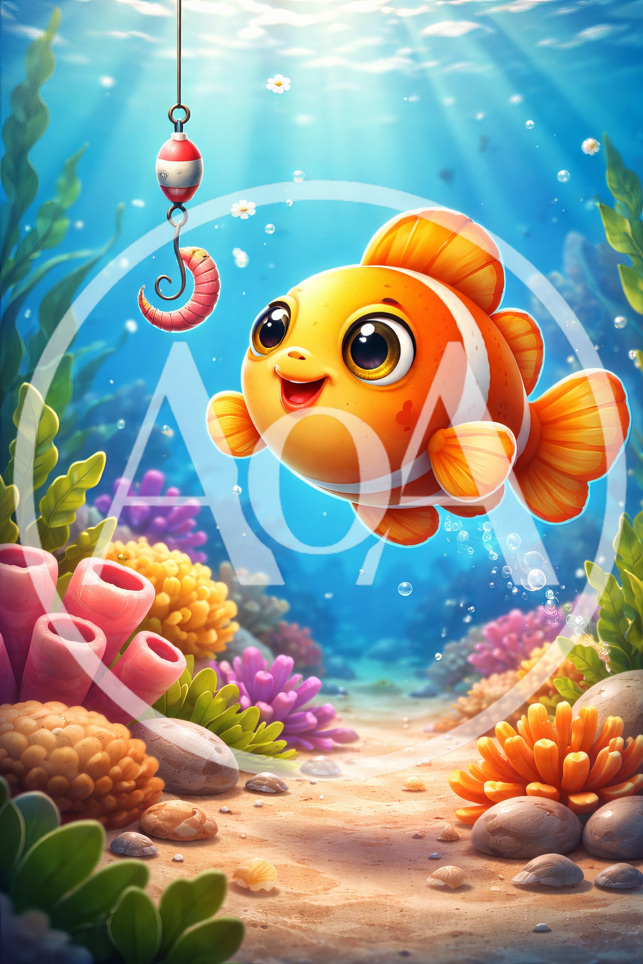 Cute Cartoon Clownfish Looking At A Fishing Hook