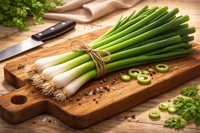 Fresh Green Onions Tied With Twine On Wooden Board