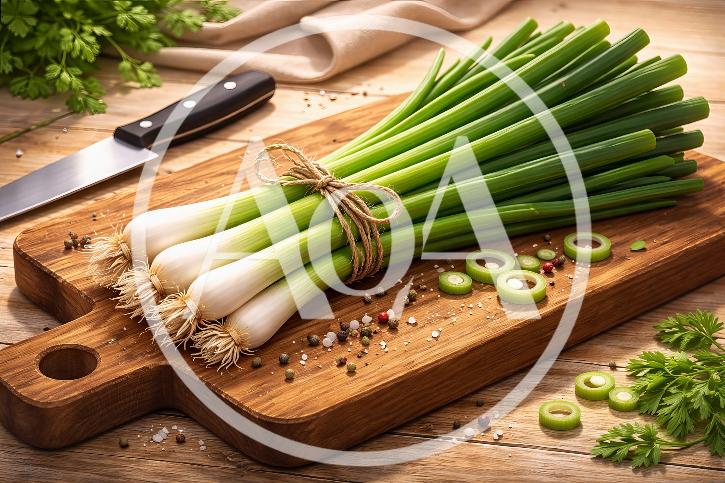 Fresh Green Onions Tied With Twine On Wooden Board