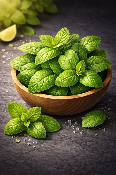 Fresh Mint Leaves In A Wooden Bowl