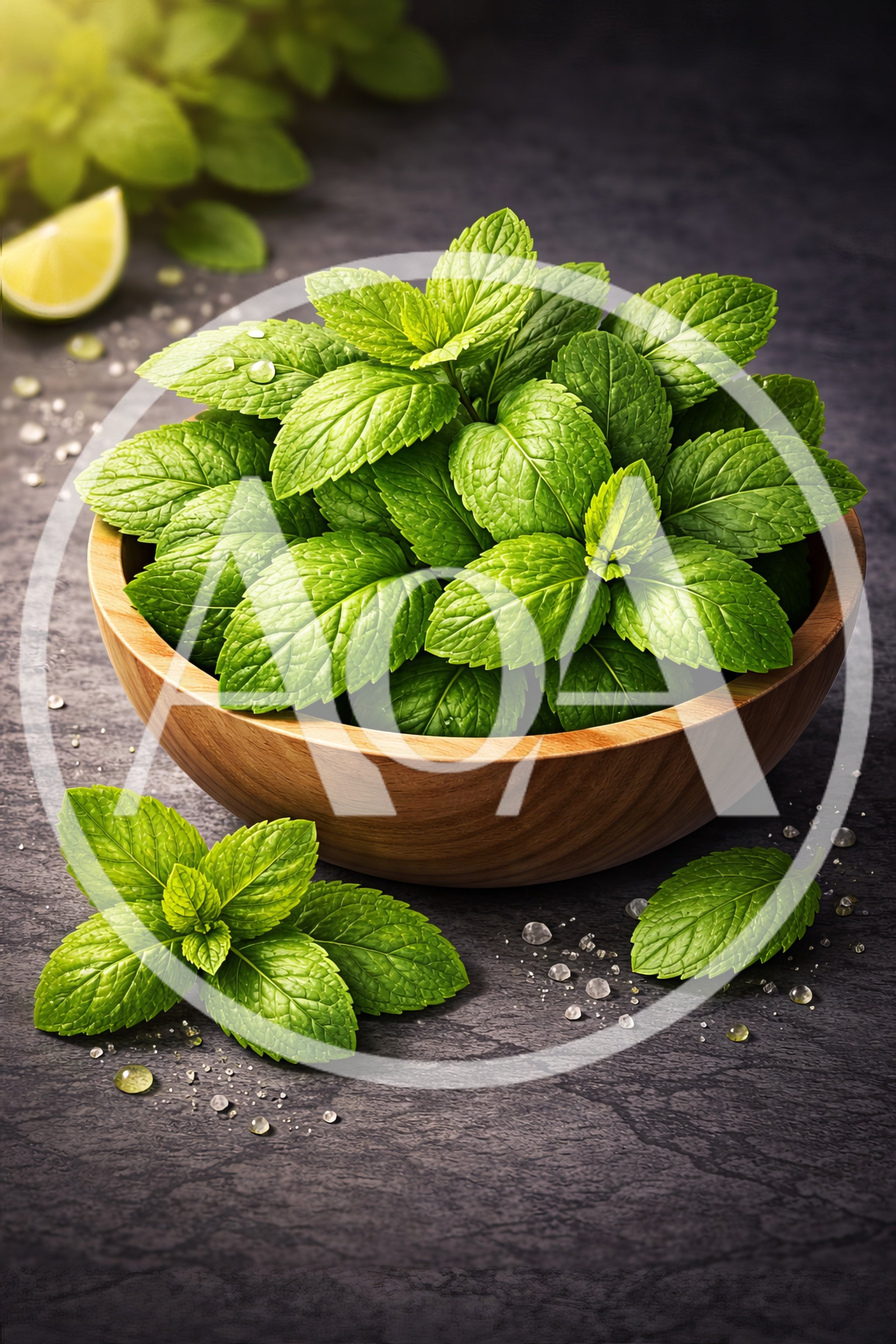 Fresh Mint Leaves In A Wooden Bowl