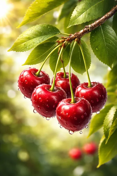 Fresh Red Cherries Hanging From A Tree Branch
