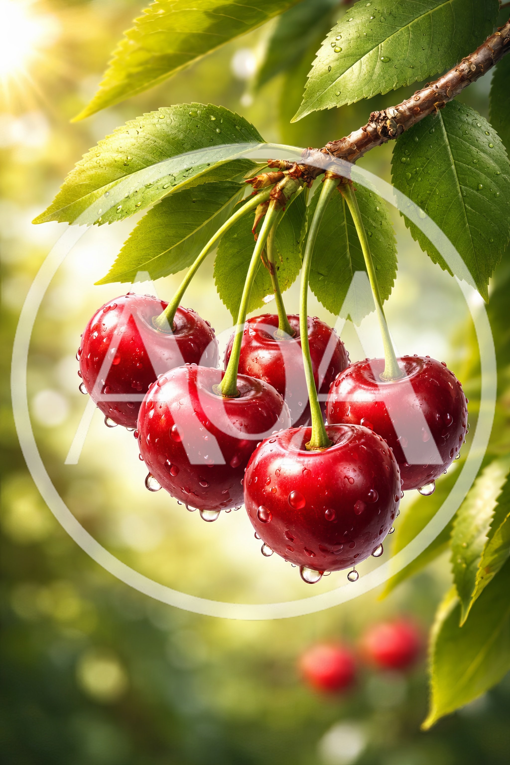 Fresh Red Cherries Hanging From A Tree Branch