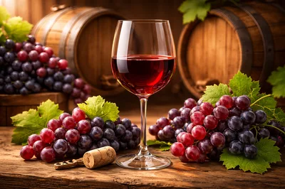 Glass Of Red Wine With Grapes And Barrels