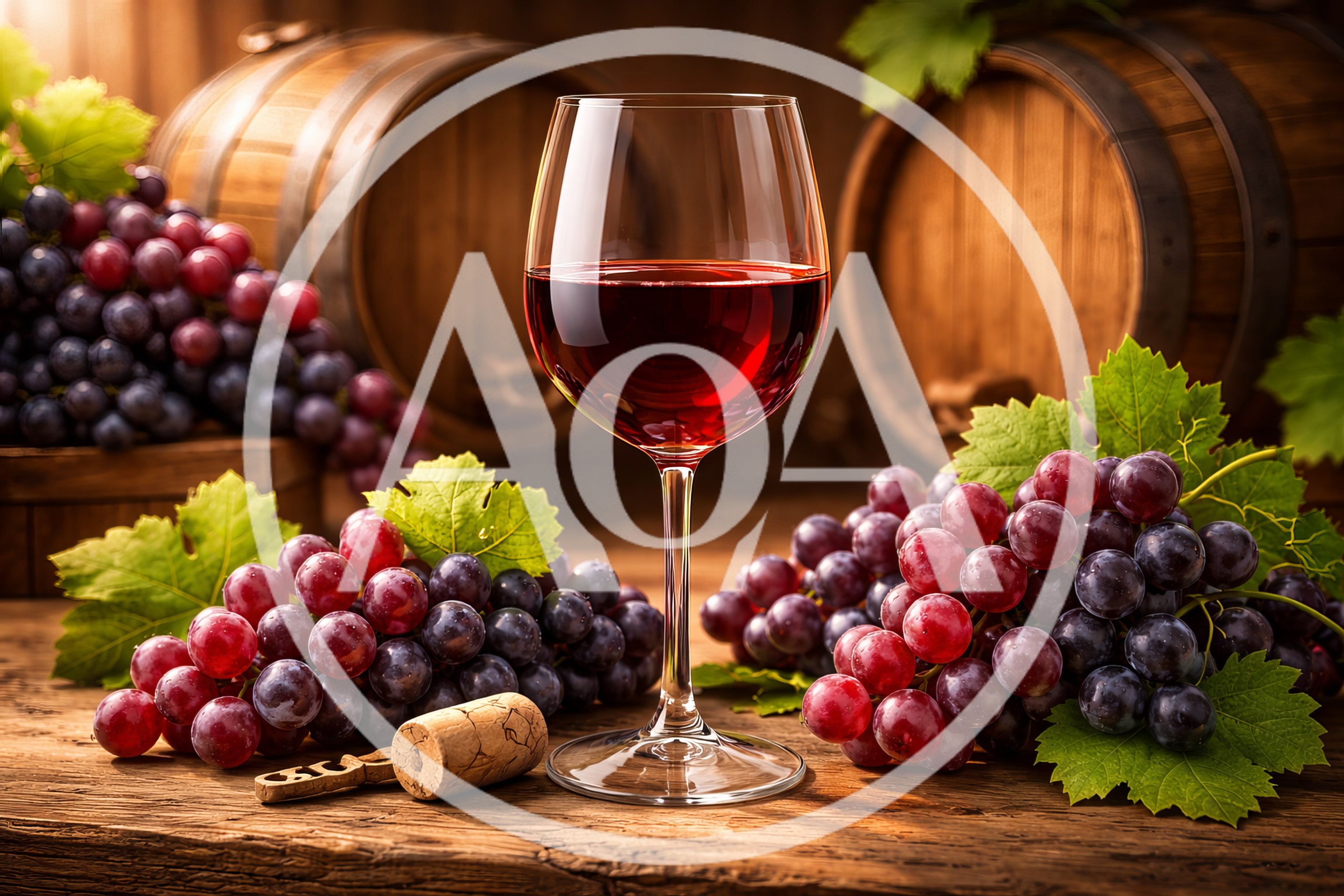 Glass Of Red Wine With Grapes And Barrels