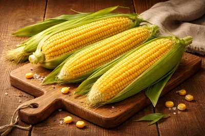 Three Fresh Corn Cobs on a Wooden Cutting Board