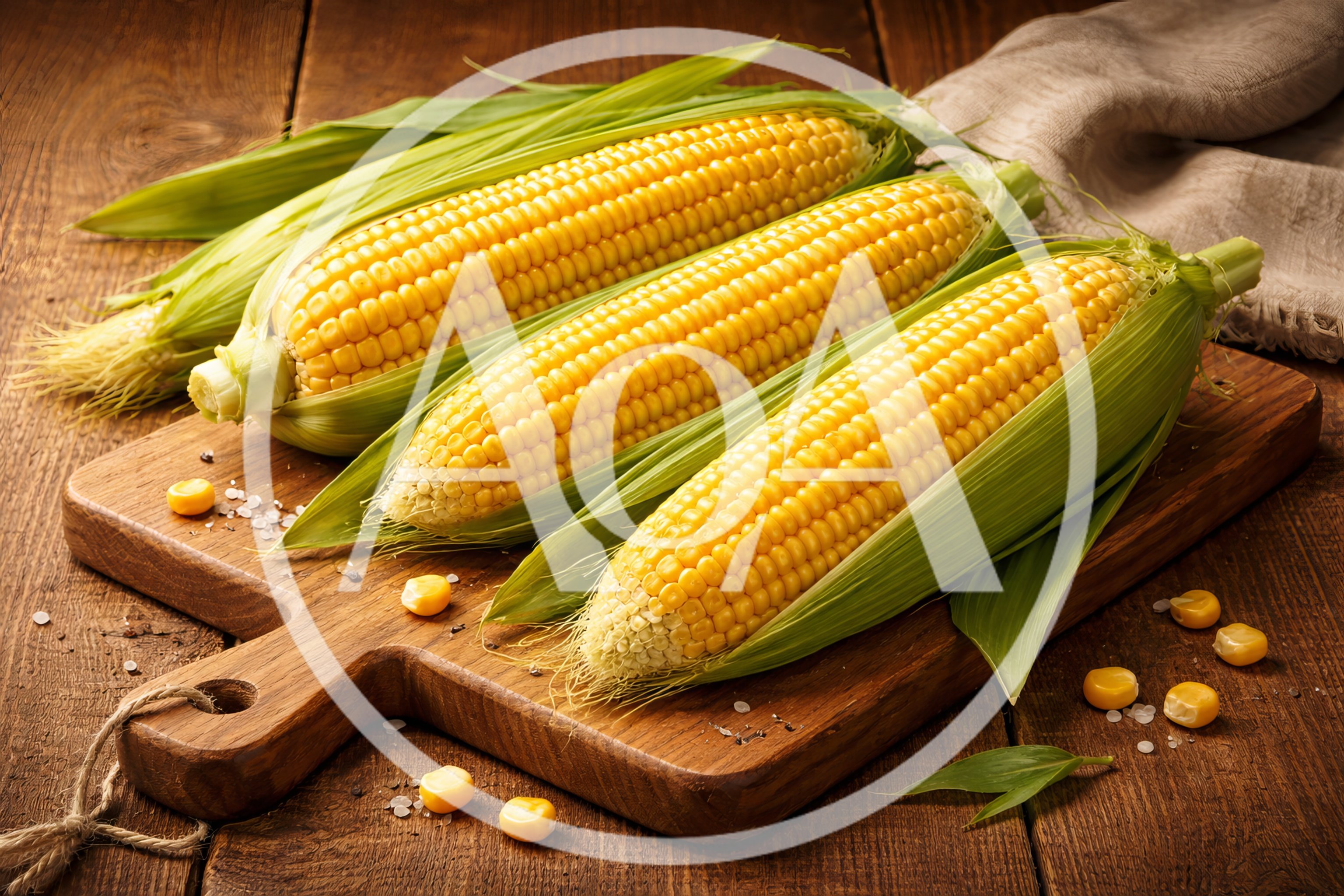 Three Fresh Corn Cobs on a Wooden Cutting Board