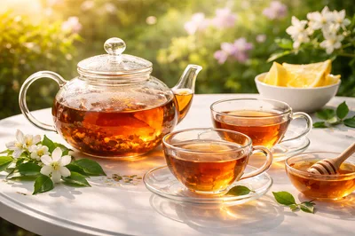 Glass Teapot And Cups With Honey And Lemon