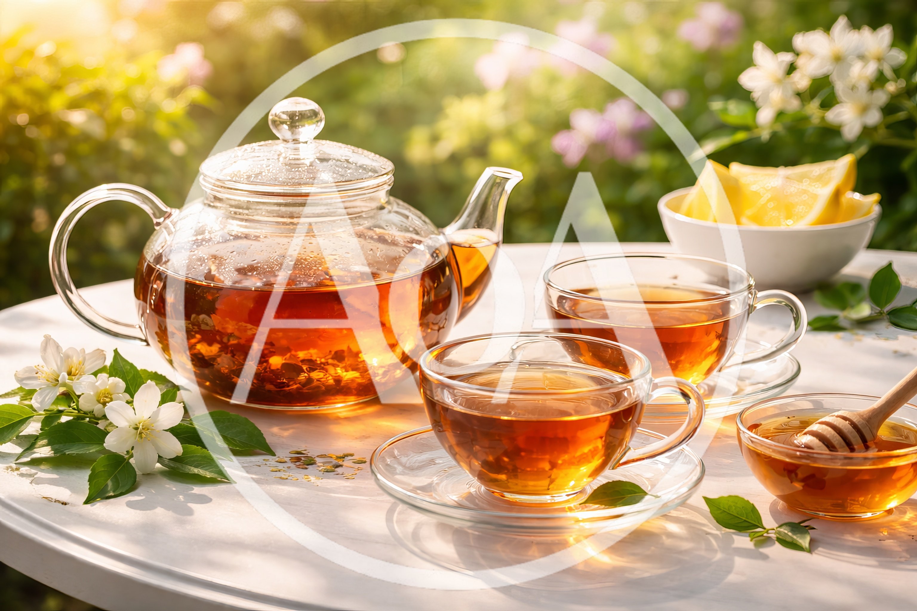 Glass Teapot And Cups With Honey And Lemon