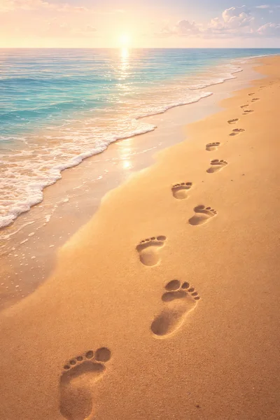 Barefoot Footprints Along A Tropical Beach At Sunset