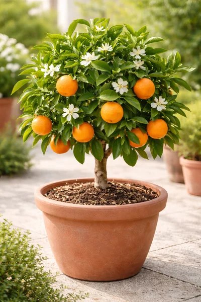 Potted Citrus Tree With Oranges And White Blossoms