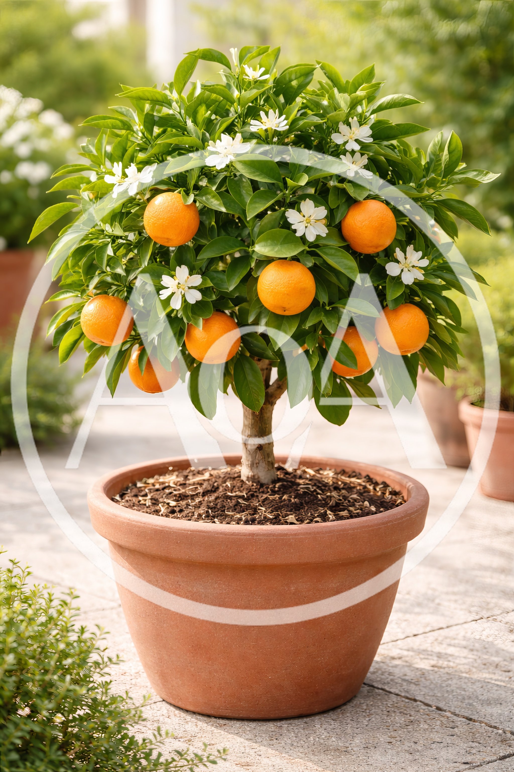 Potted Citrus Tree With Oranges And White Blossoms