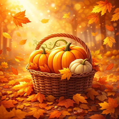 Wicker Basket Filled With Pumpkins In Autumn Forest