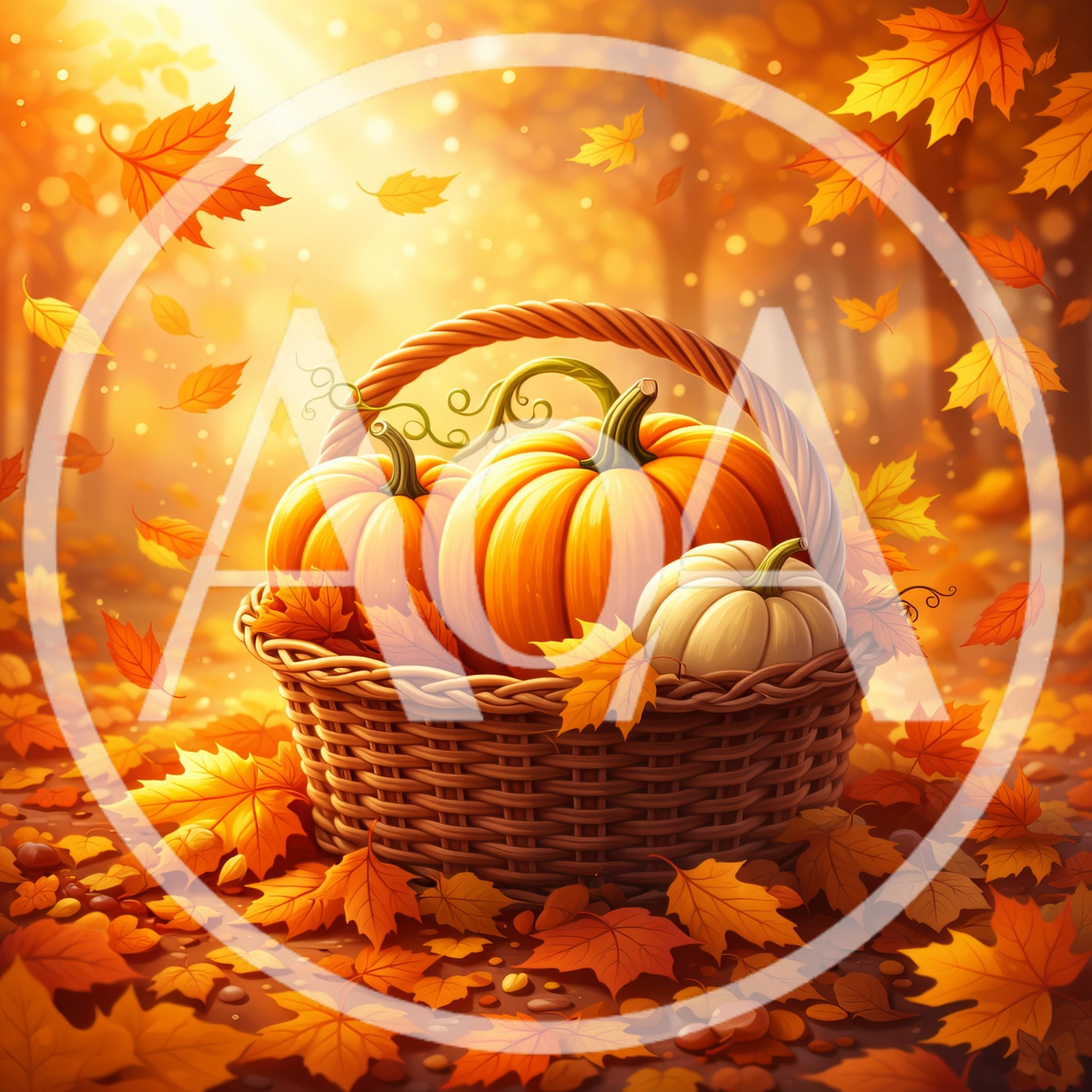 Wicker Basket Filled With Pumpkins In Autumn Forest