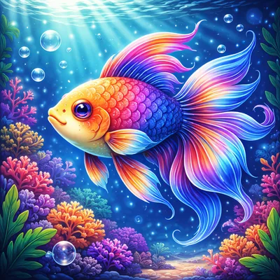 Vibrant Rainbow Goldfish Swimming In A Coral Reef