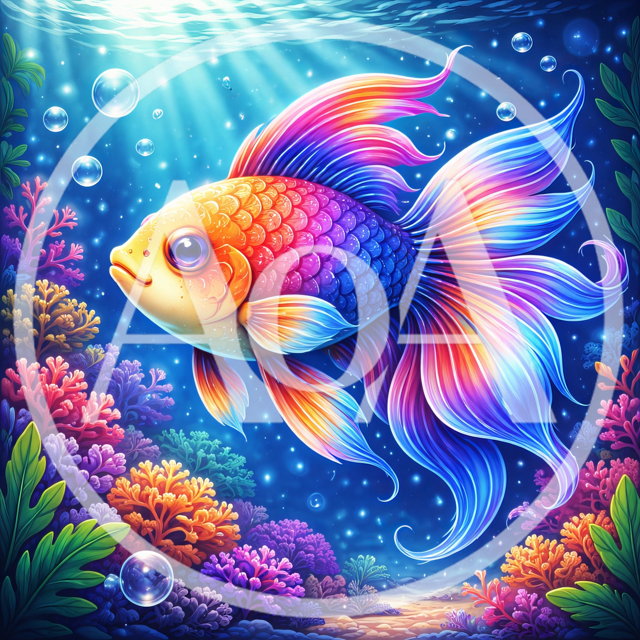 Vibrant Rainbow Goldfish Swimming In A Coral Reef