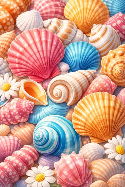 Colorful Seashells and White Daisies Background