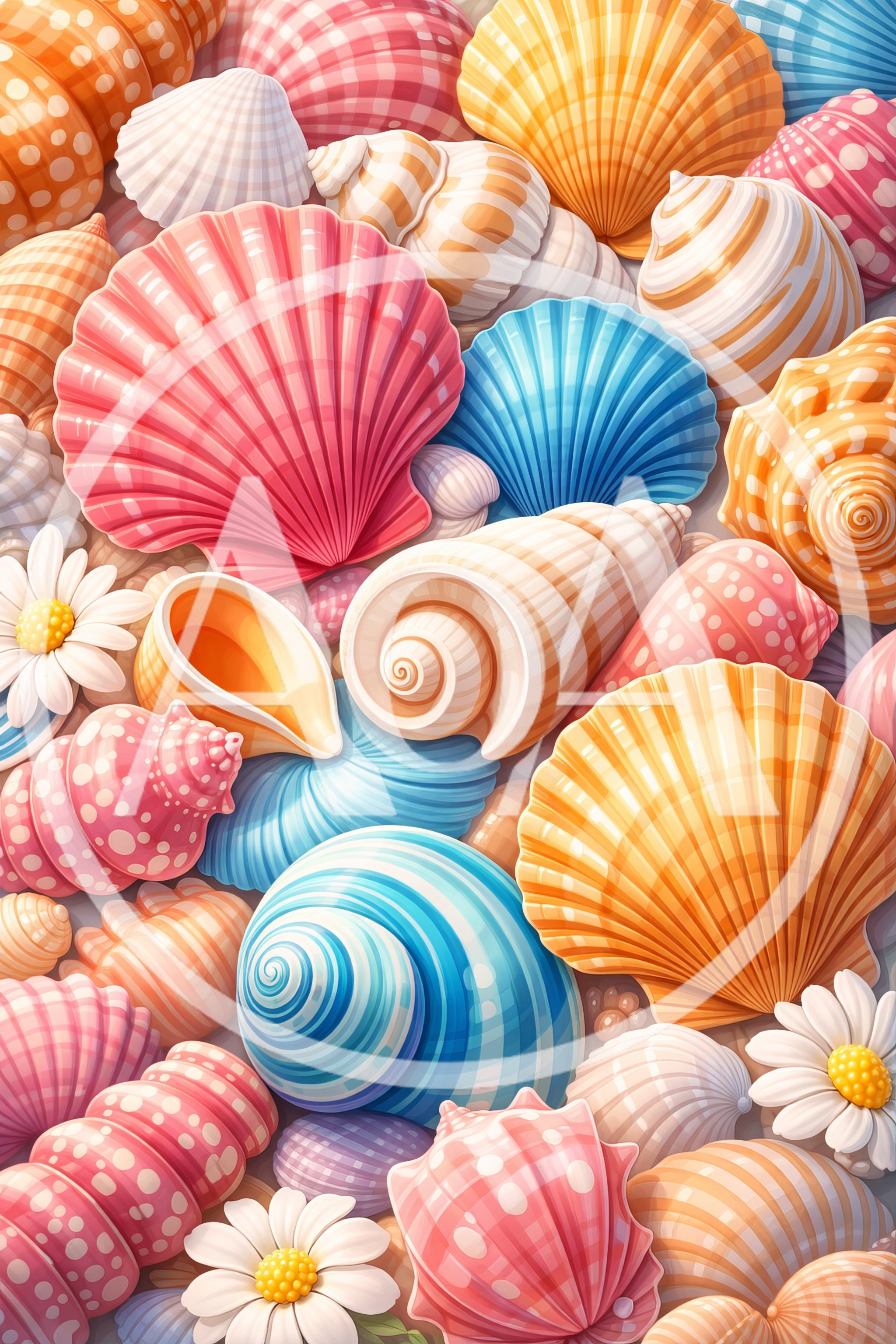 Colorful Seashells and White Daisies Background