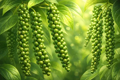 Fresh Green Peppercorns Hanging on Vines